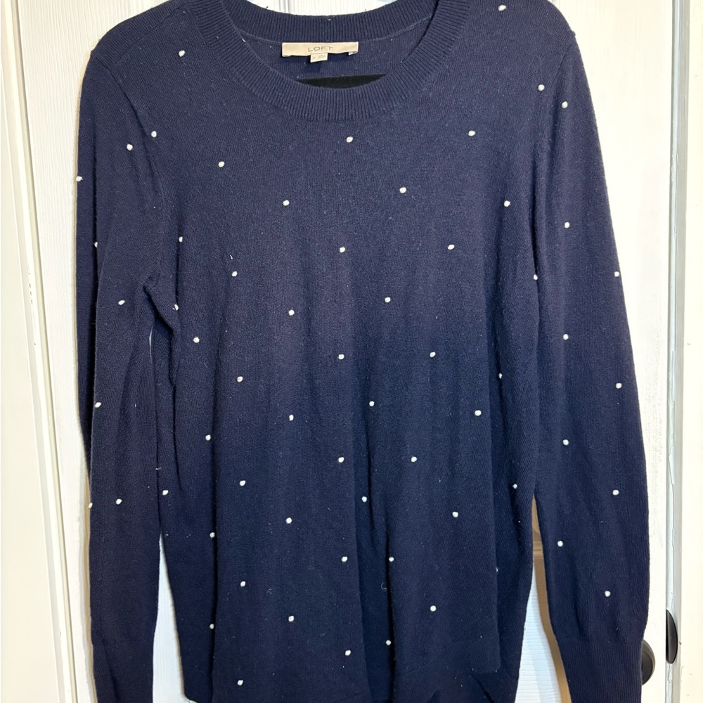 LOFT Dark Blue Knit Top with White Dots